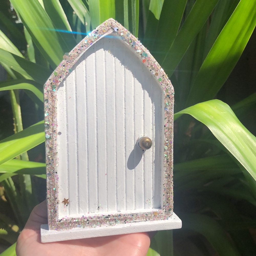 Glittery White Wooden Fairy Door Hand Painted